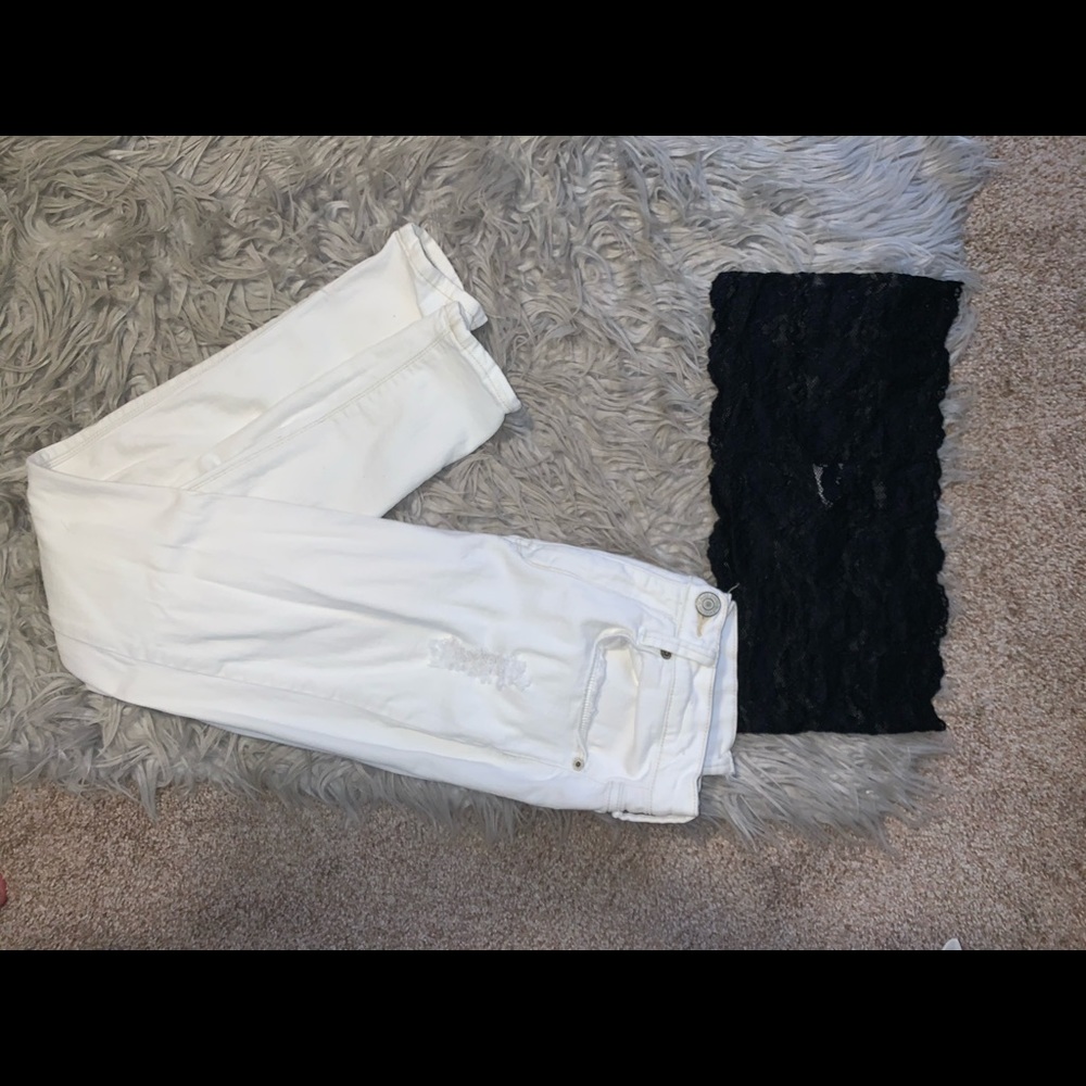 White jeans with a lace bra cover